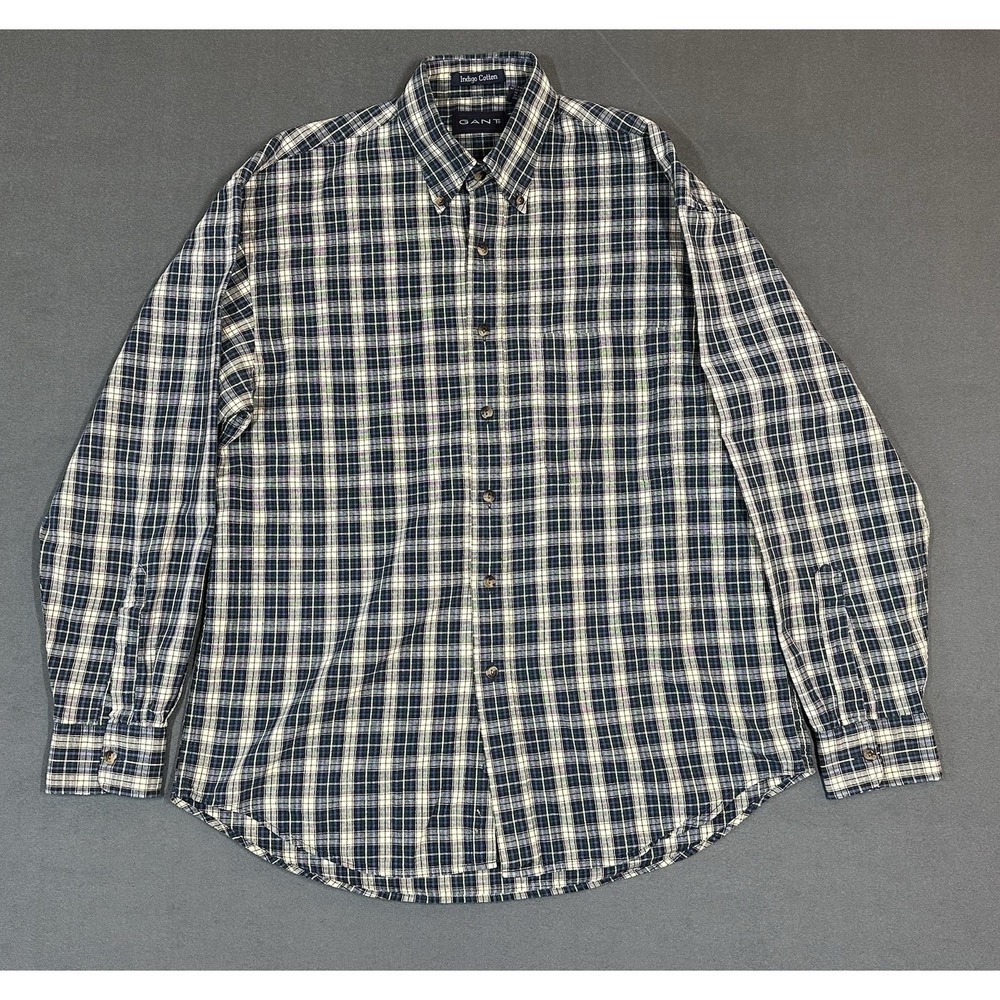 Gant Shirt Indigo Cotton Mens Long Sleeve Button Down Plaid 100% Cotton Size M